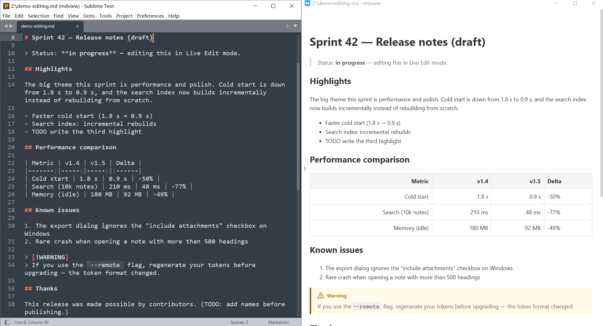 mdview F4 jump to source line: the same Markdown file open in Sublime Text on the left and mdview preview on the right, cursor placed at the exact line being read