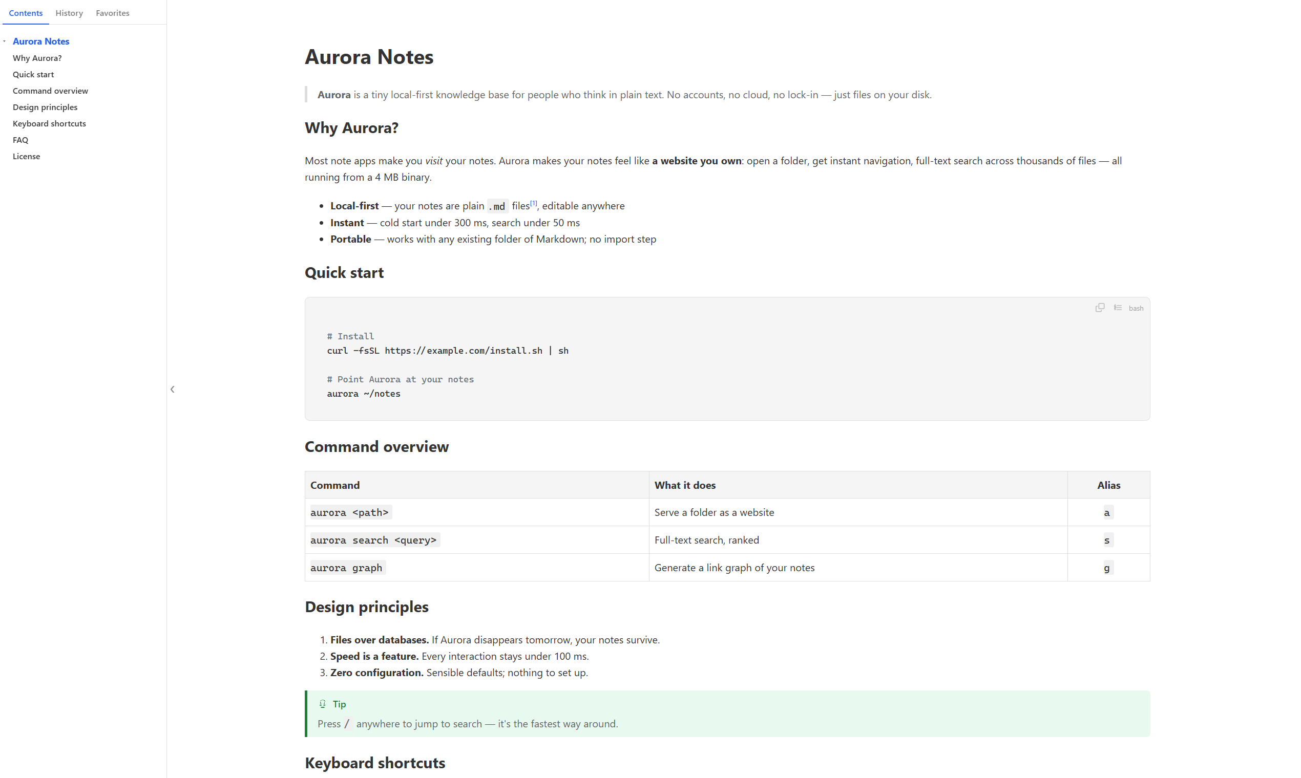 mdview Markdown viewer rendering a .md file like a webpage — document outline panel on the left, headings, bullet lists, a command table and a syntax-highlighted code block on the right