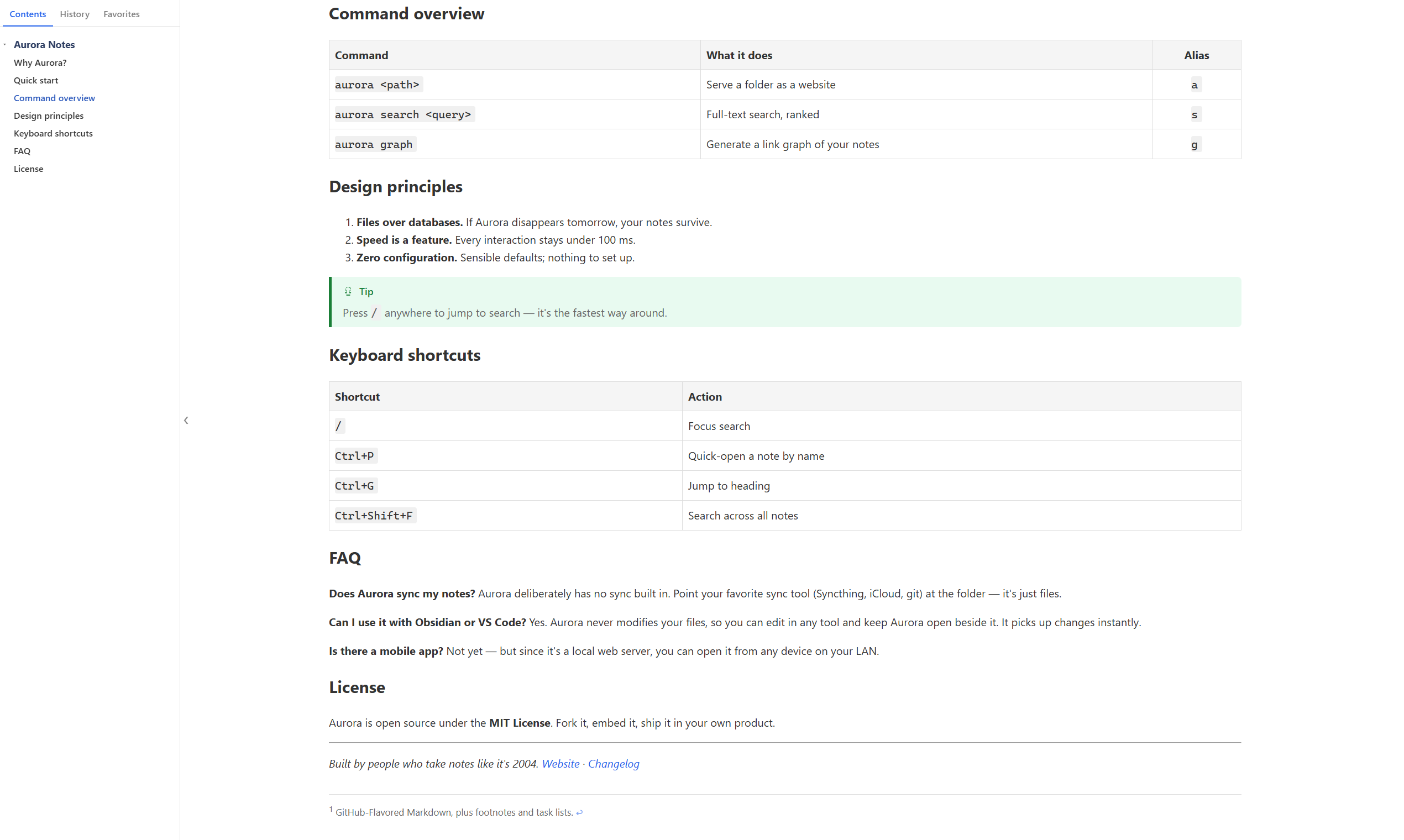 mdview outline panel: document table of contents highlights the current heading while scrolling through a Markdown file