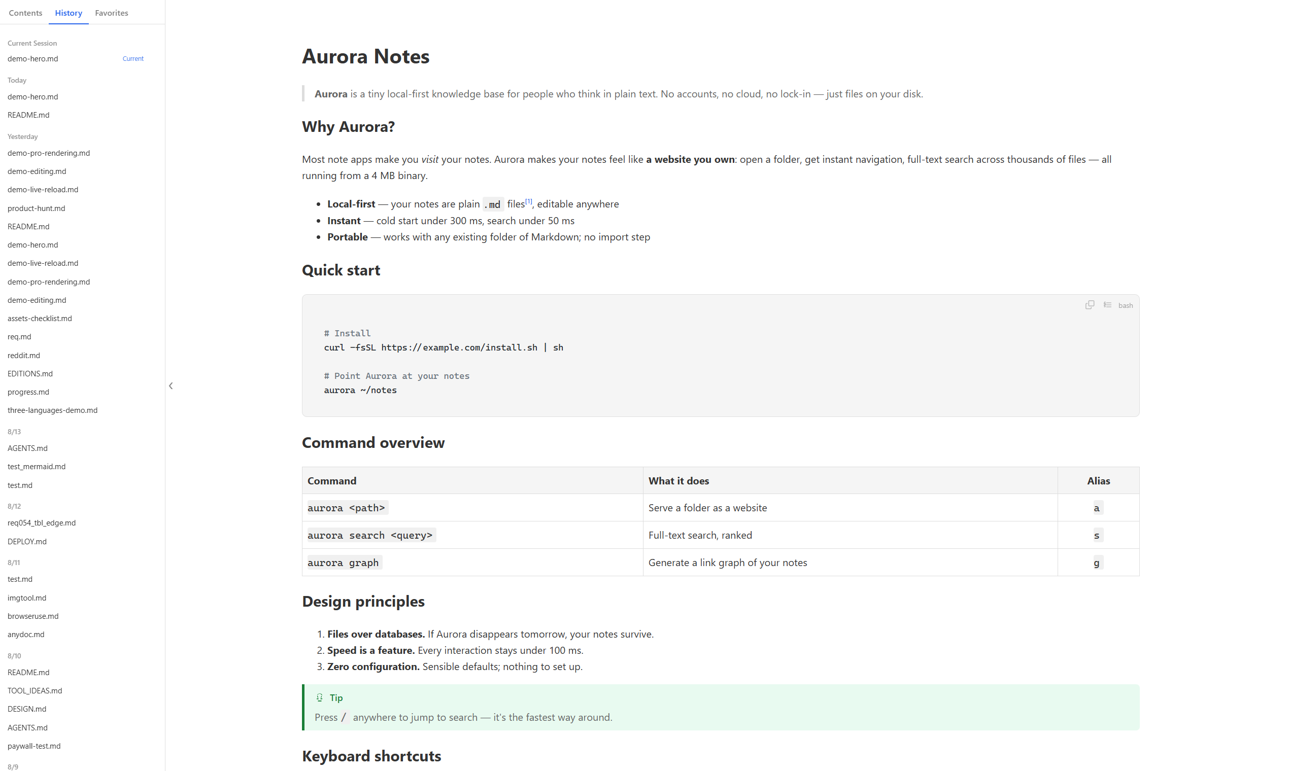 mdview history panel: recently opened Markdown files grouped by day, like browser history