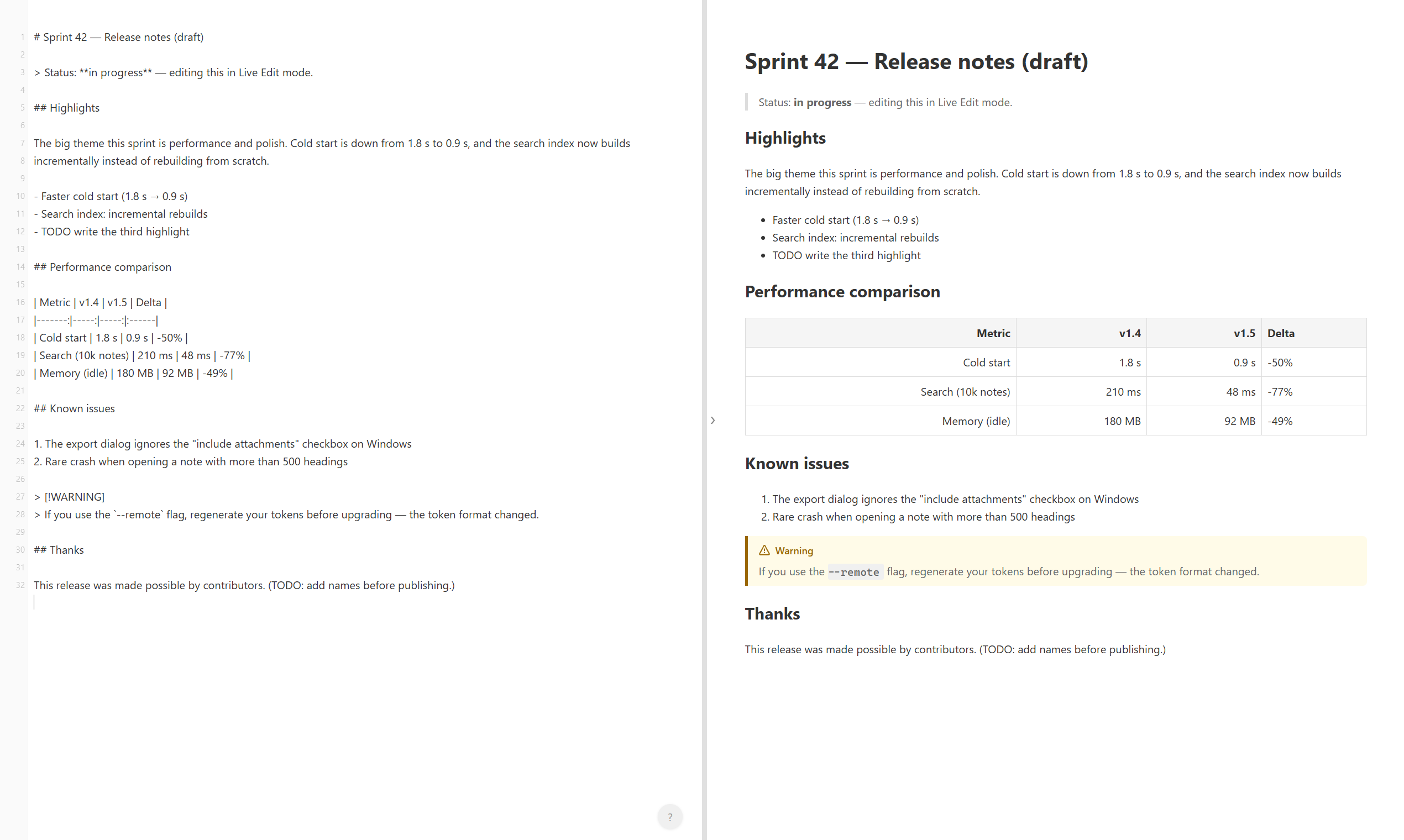 mdview F3 split-screen editing: Markdown source with line numbers on the left, live-rendered preview with tables and callouts on the right, scroll synced