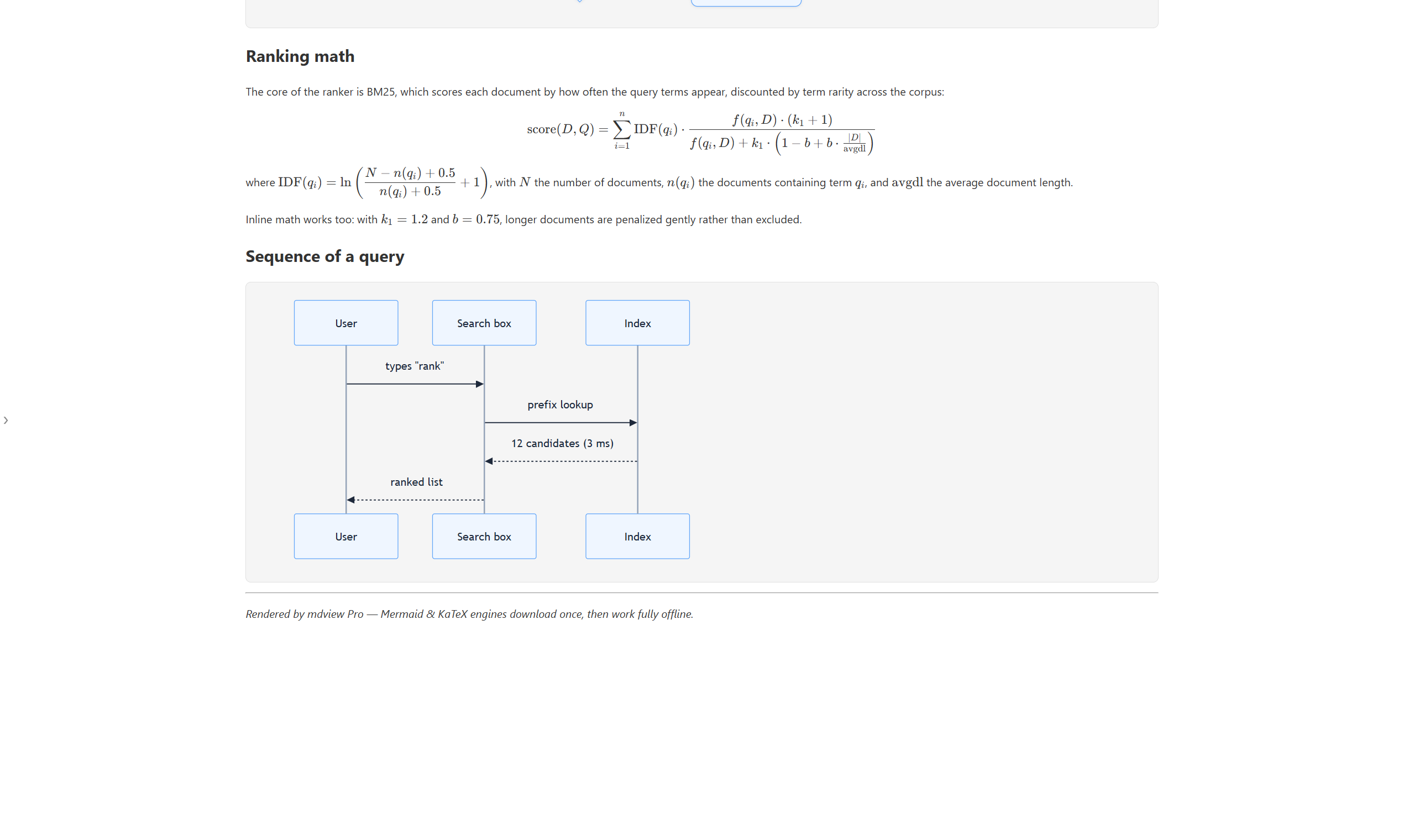 KaTeX math formulas rendered by mdview Pro — BM25 ranking equation in LaTeX inside a Markdown document